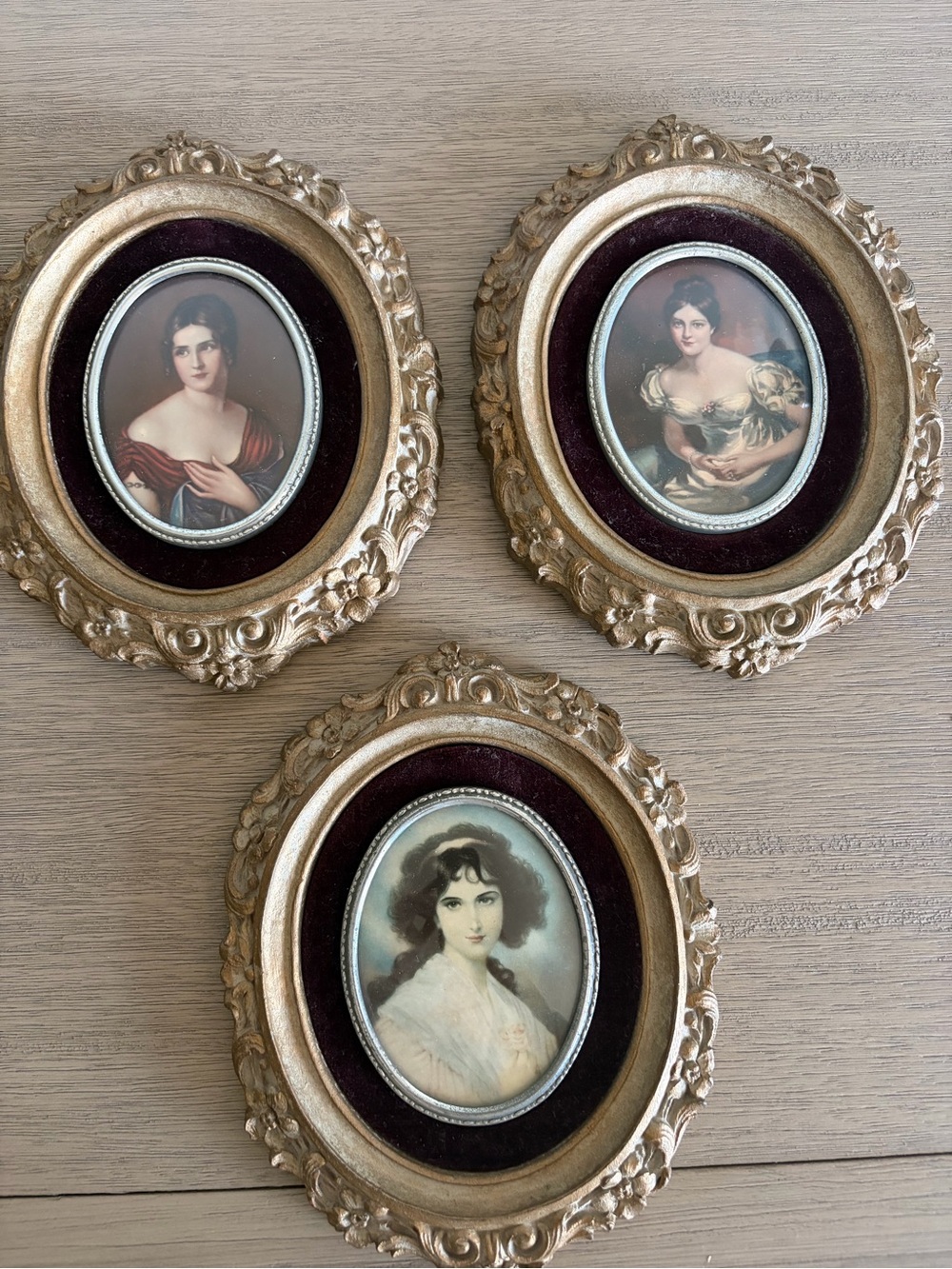 Set of 3 Vintage Oval Portrait Wall Plaques - Gold Frames with Burgundy Velvet